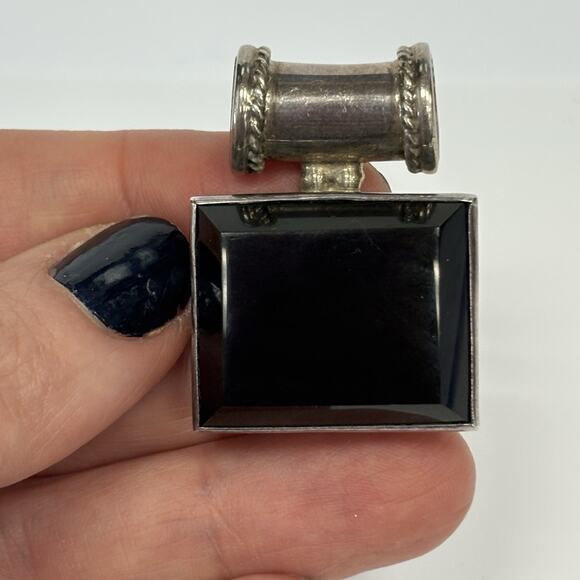 Vintage Mexico 925 Sterling Silver Square Black Onyx Pendant Heavy - Picture 1 of 10